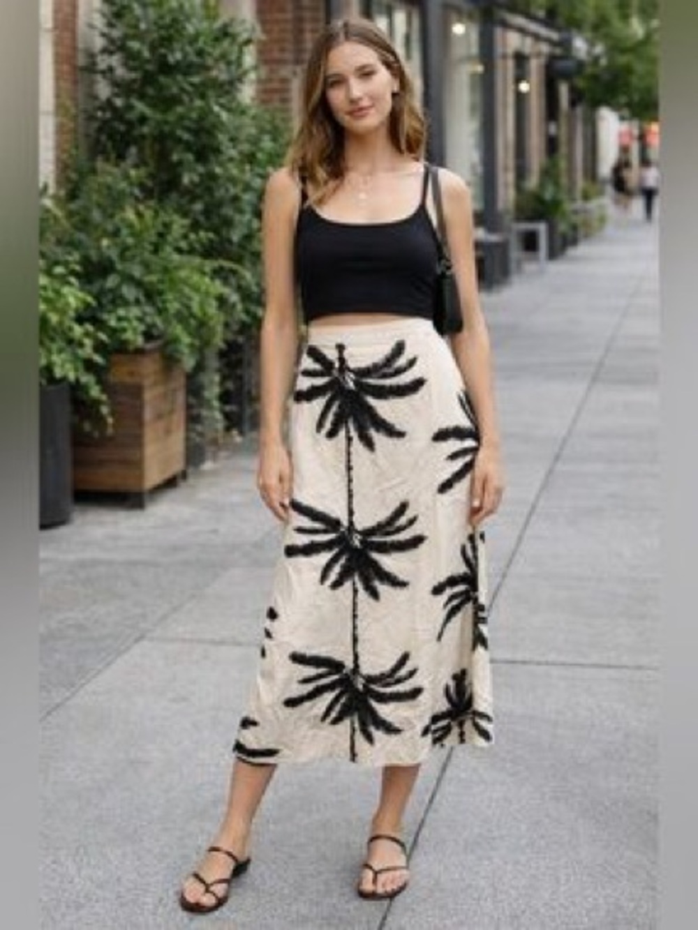 H&M Cream Midi Skirt with Black Palm Print